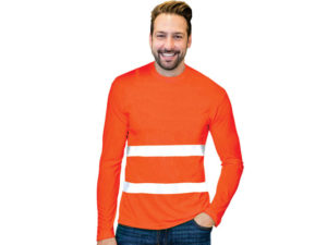Mens Flouro Long Sleeve Moisture Management Crew Neck Safety T-Shirt With Reflective Strip